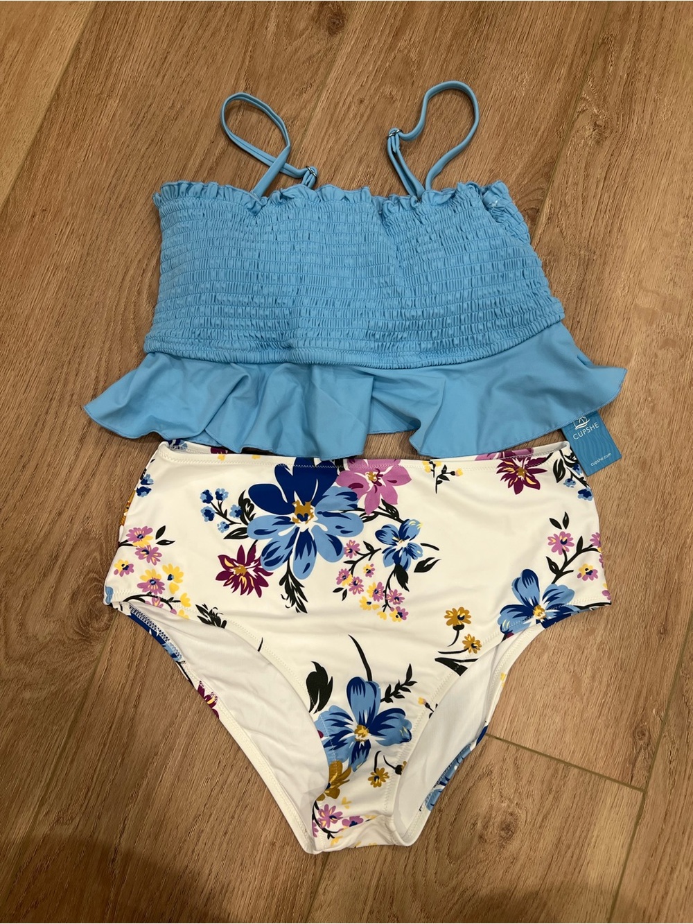Cupshe Light Blue Ruffle Bikini Top with White Floral High-Waist Bottoms